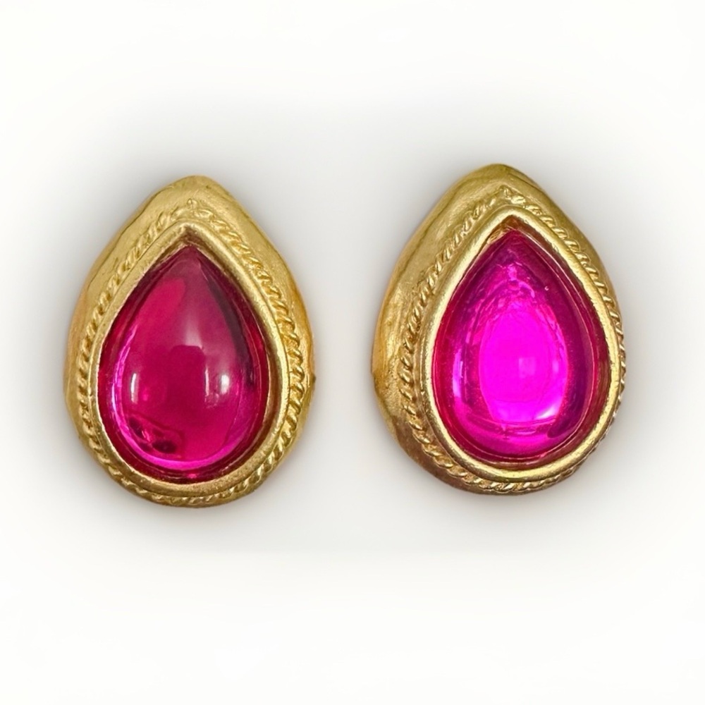 Rare Vintage Gem-Craft Statement Pink Crystal & Gold Signed Clip On Earrings - Picture 11 of 11